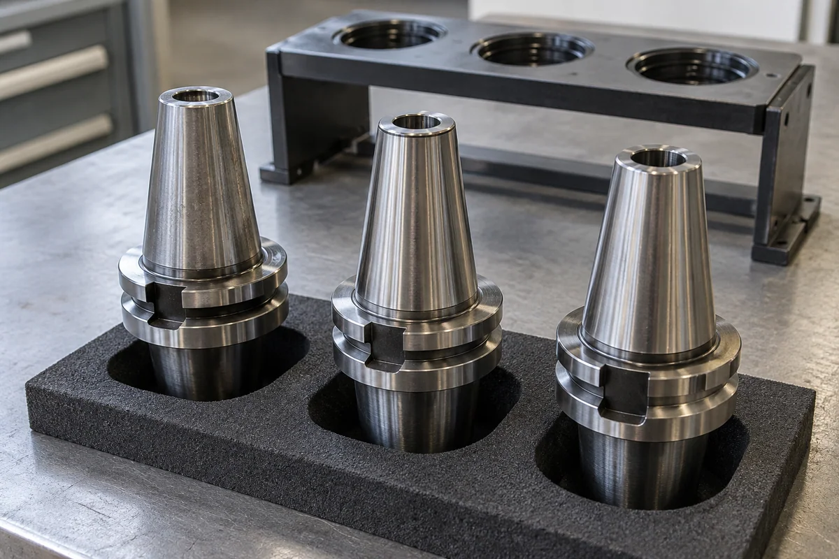 Three tapered metal tool holders in foam recesses with an empty rack behind