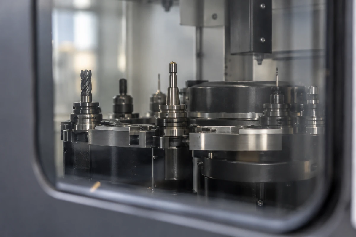 Part of a tool magazine viewed through a machine window.