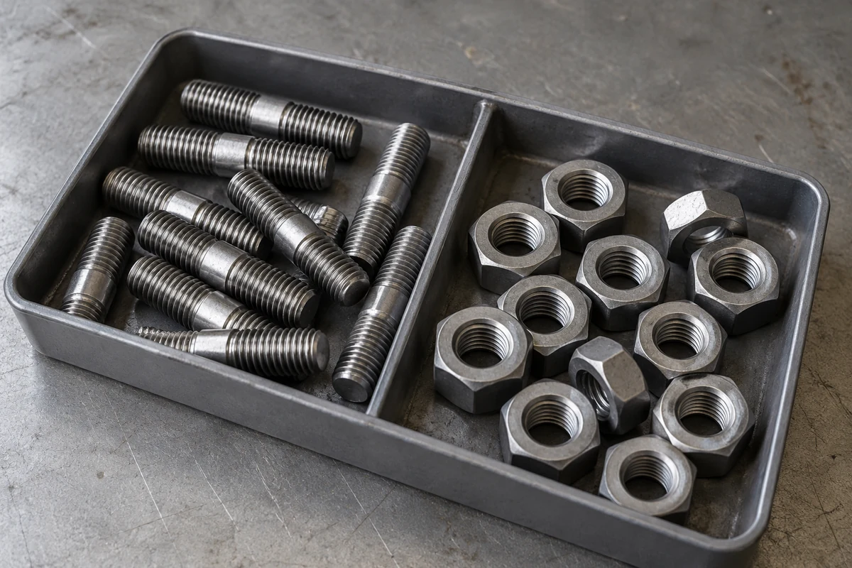 Threaded studs and hexagonal nuts separated in a two-compartment metal tray