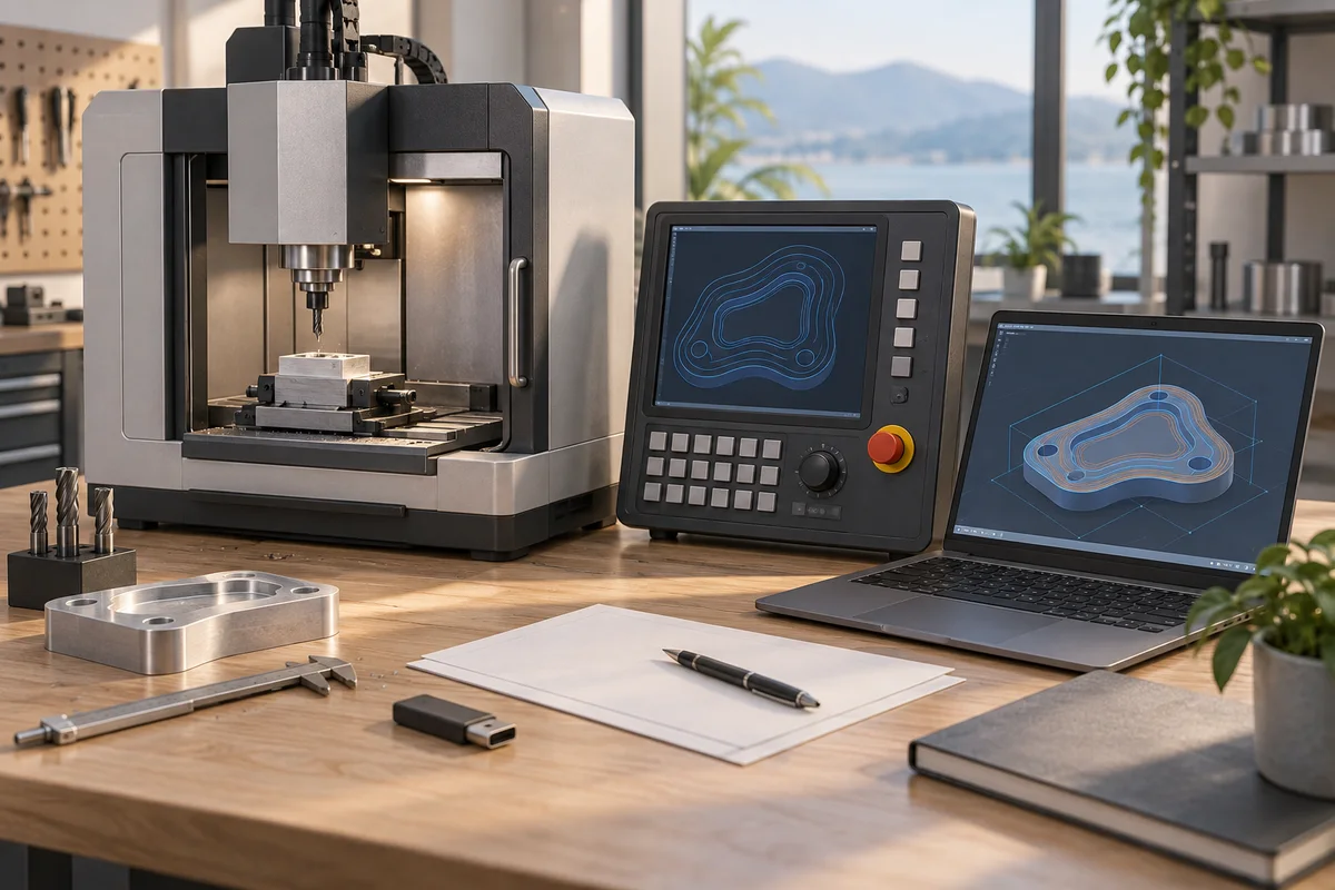 CNC machine with controller, CAM laptop and handover materials.