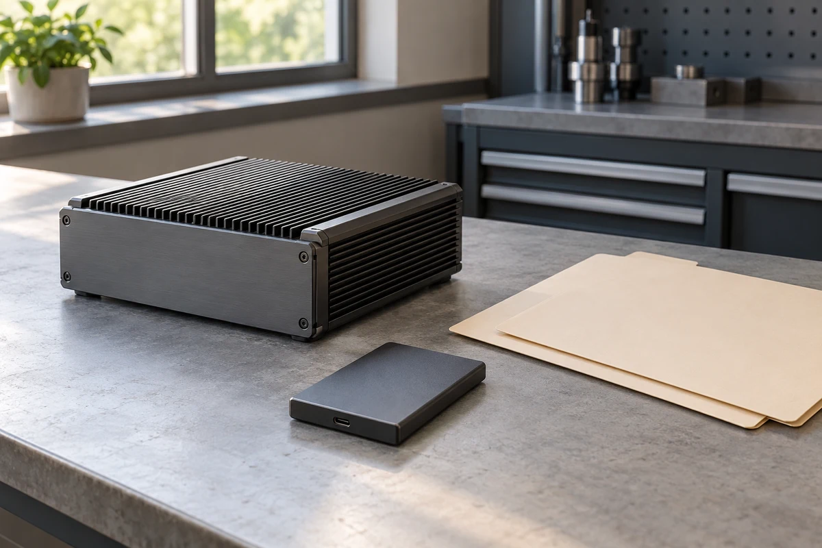 Finned metal computer enclosure, portable storage device and two blank folders on a workbench