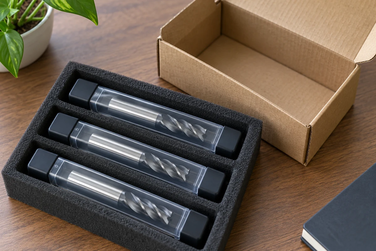 Three end mills in individual clear protective cases beside an open cardboard box