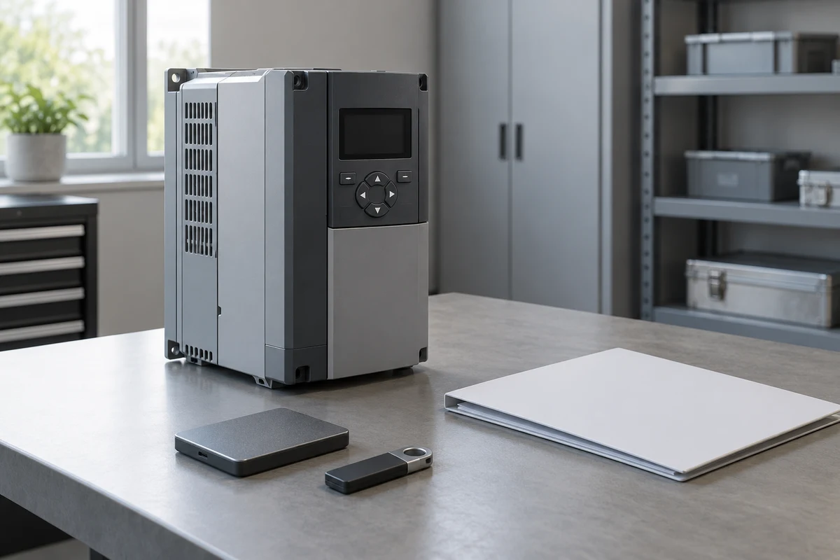 Enclosed industrial drive with a dark display beside two storage devices and a blank folder