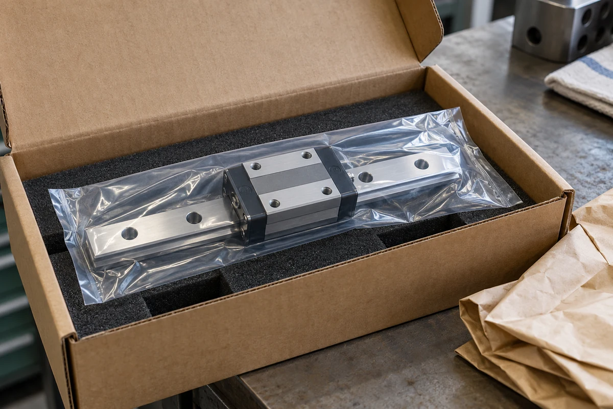 Wrapped linear rail and one block inside a foam-lined cardboard box