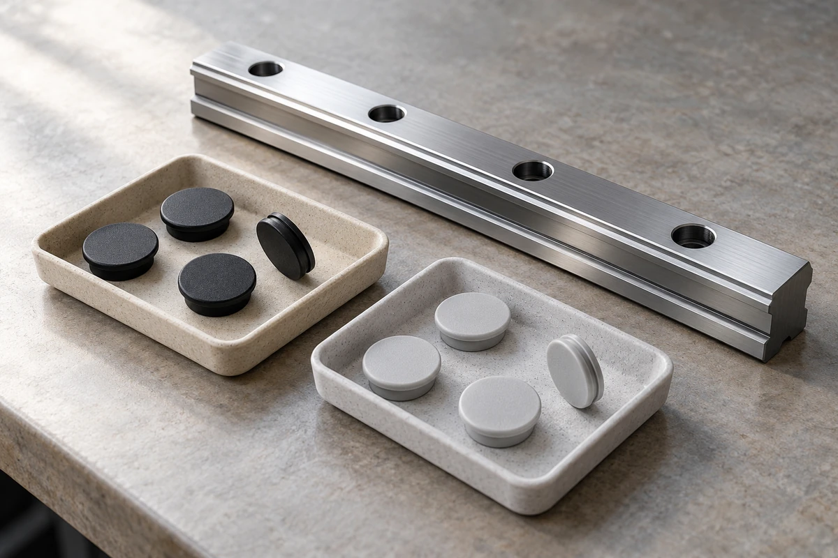 Four black round caps and four light-gray round caps sit in separate trays beside a short metal rail with four visible holes.