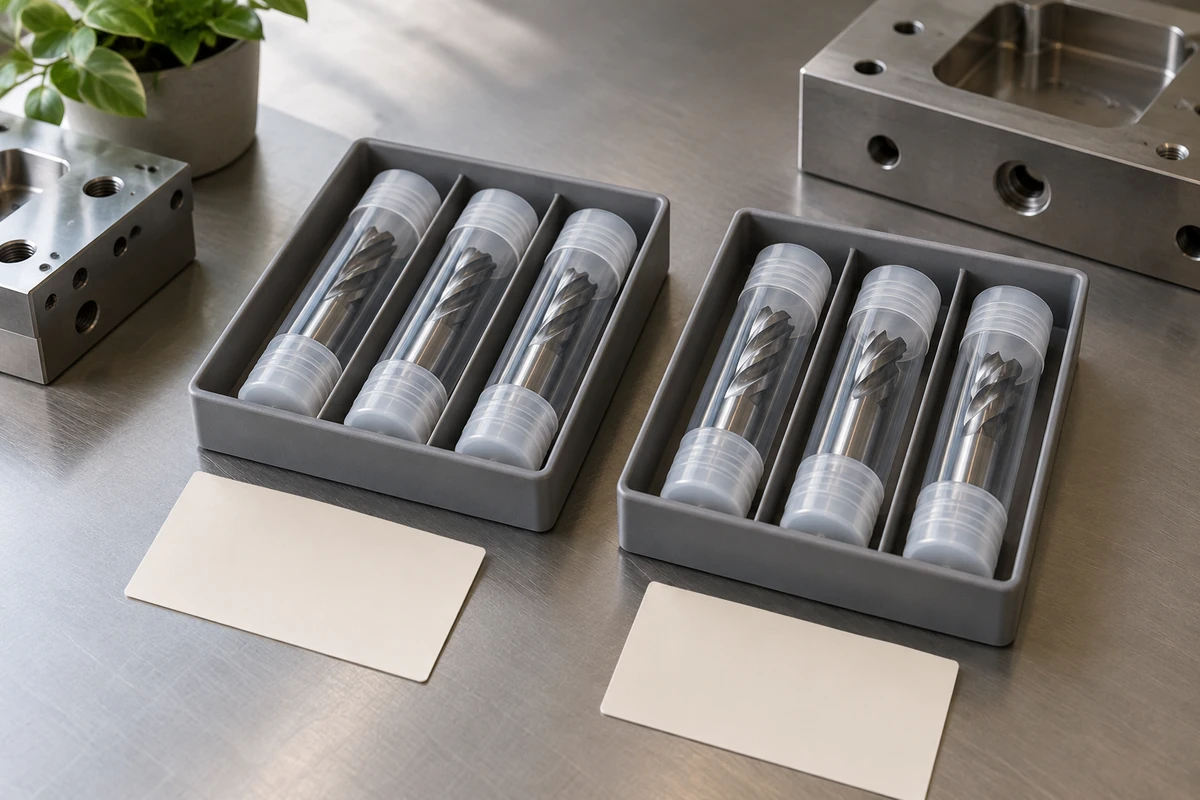 Six fluted cutters in individual clear protective tubes are divided between two gray trays, each beside a blank card.