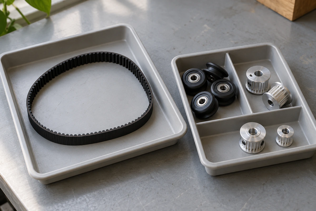 A black toothed belt in one tray beside dark wheels and silver pulleys in a divided tray.