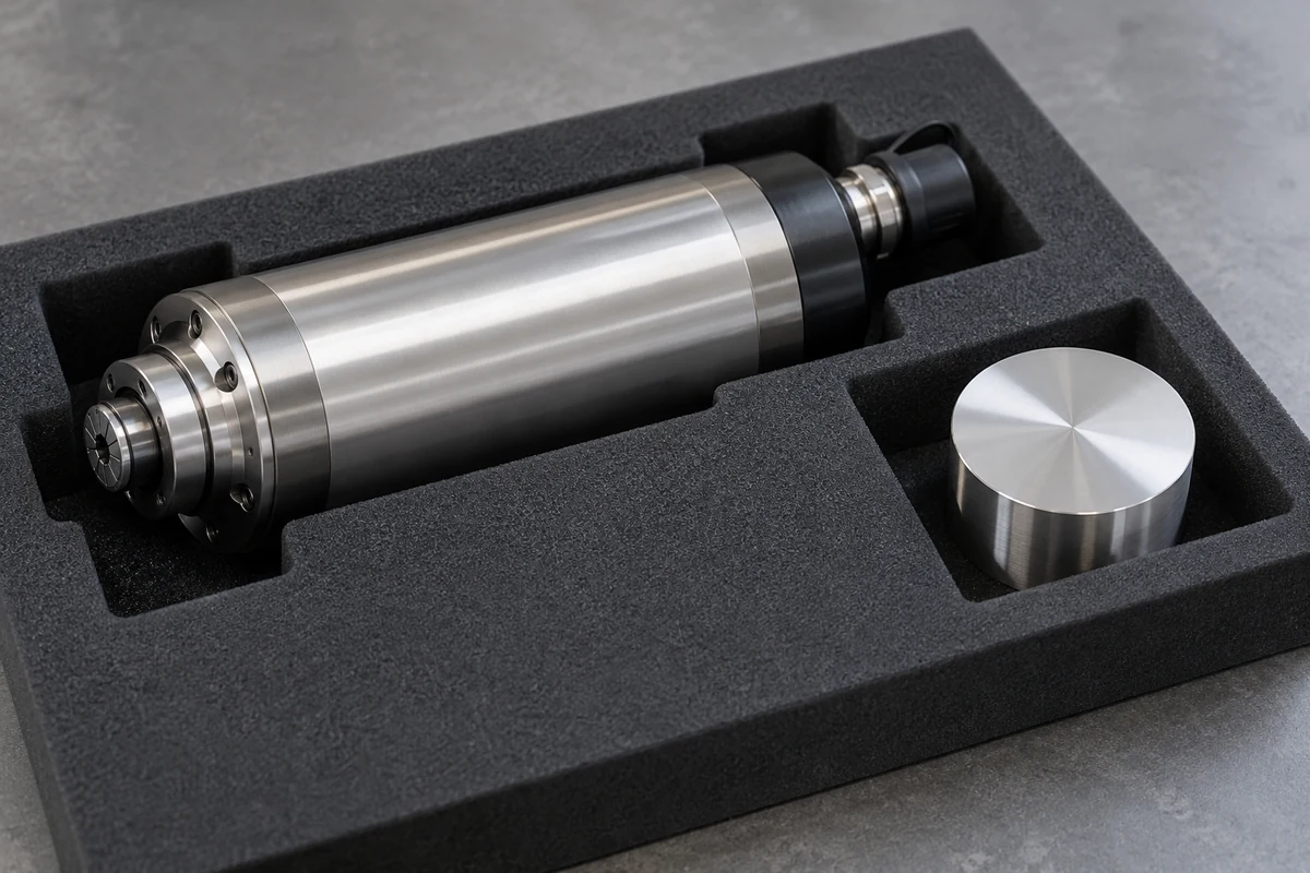 Spindle and a separate metal cylinder resting in a fitted black foam tray