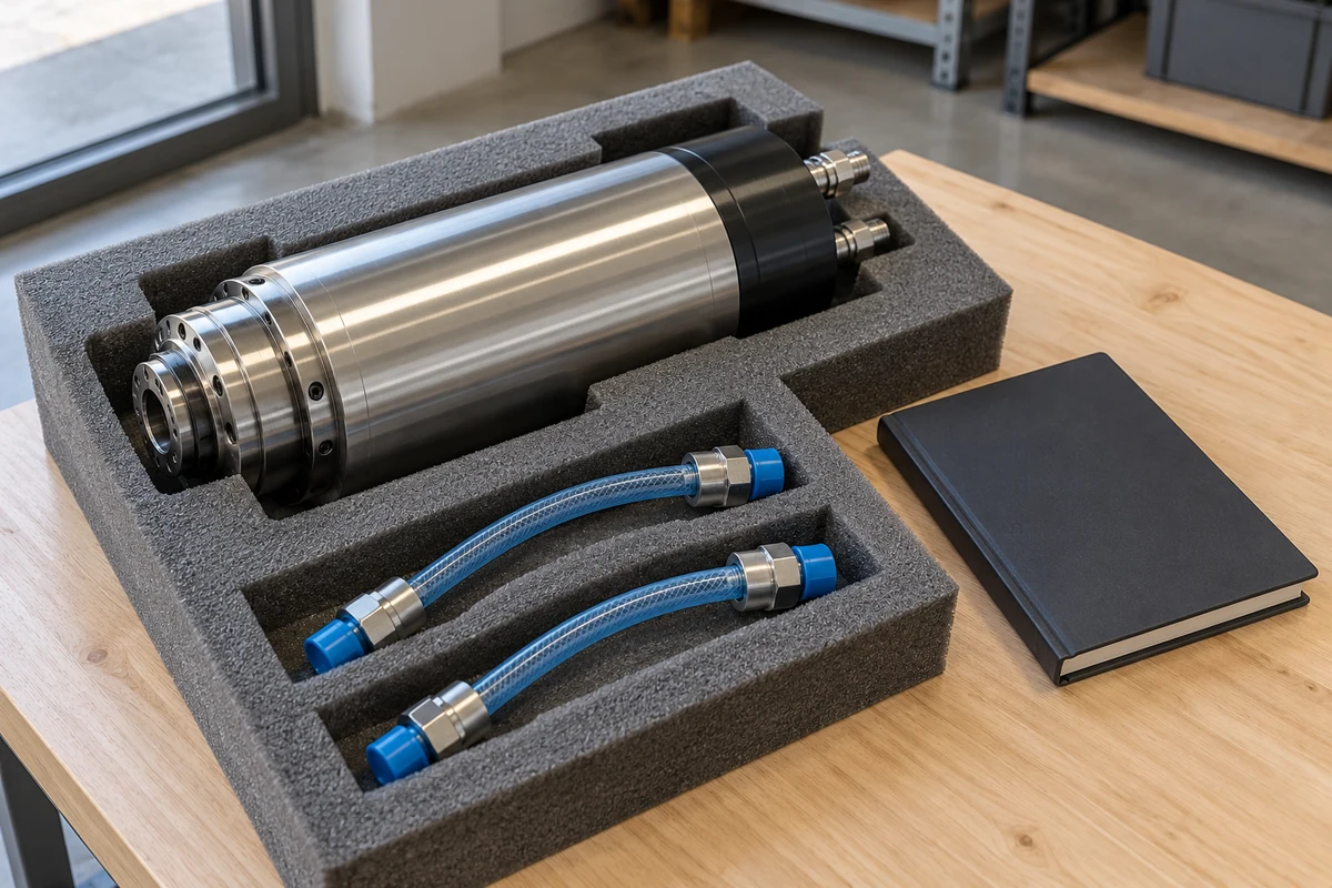 Spindle and two capped blue hoses in a foam tray beside a closed dark notebook