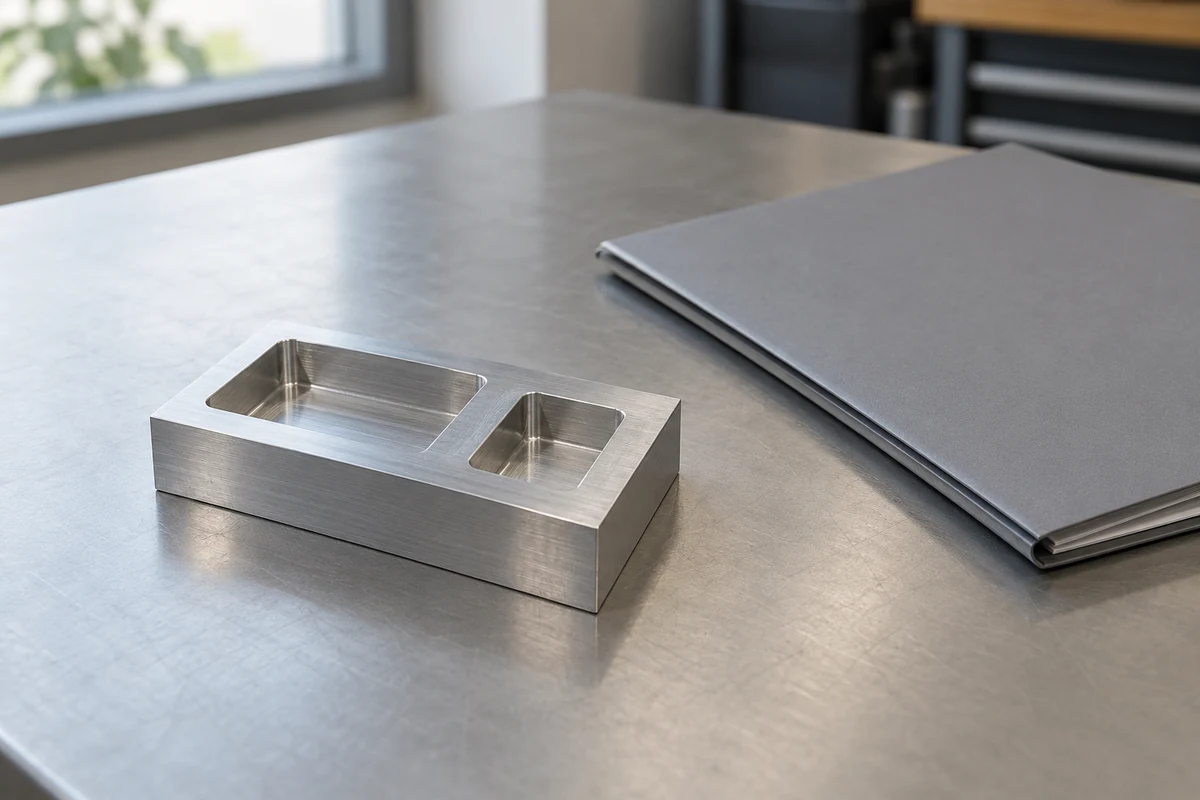Rectangular metal block with two pockets beside a closed grey folder on a workbench