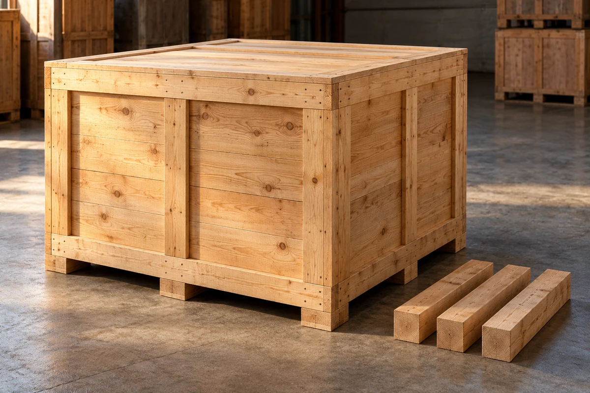 Closed wooden crate beside three separate timber blocks on a warehouse floor.