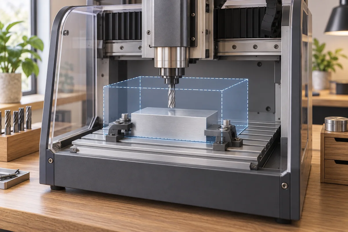 Workpiece, fixture and tool within a CNC work area.