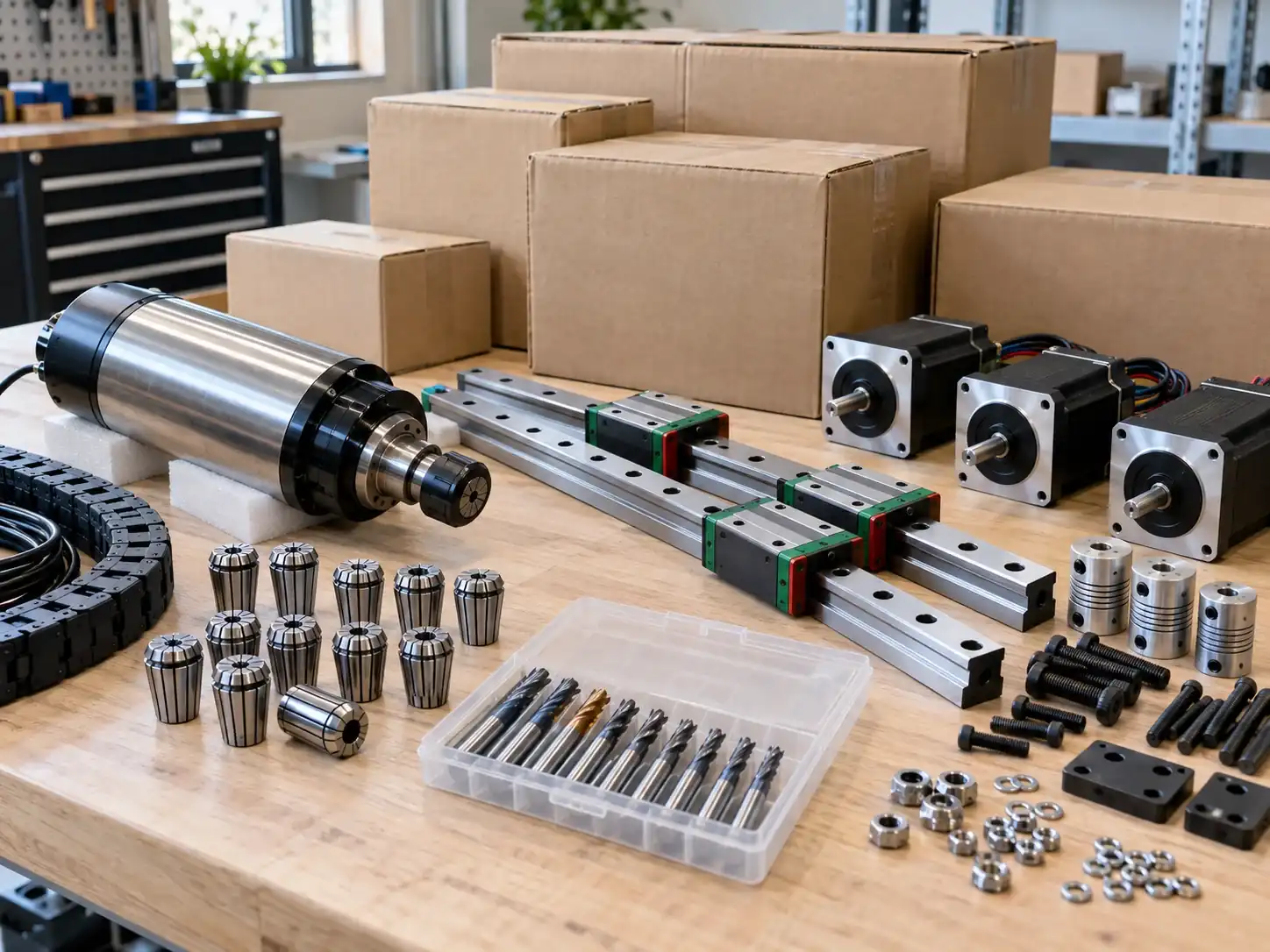 Desktop CNC accessories and consumables prepared beside shipping cartons