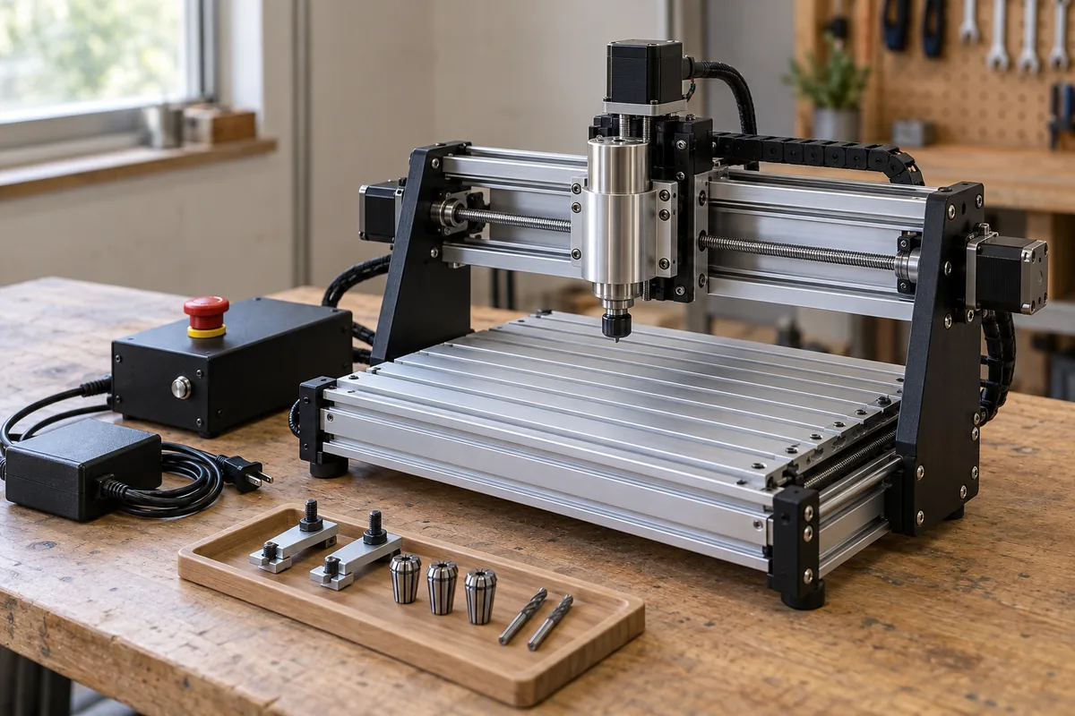 A compact desktop CNC router on a bench with a controller, power adapter, clamps, collets and cutting tools.