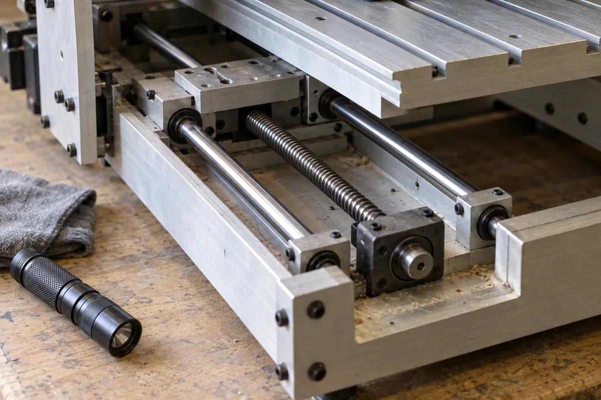 Close view of a CNC machine rail and lead screw with a flashlight and folded cloth on the bench.
